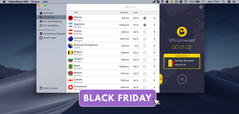A screenshot of a Mac desktop with CyberGhost VPN running in the foreground. A purple 