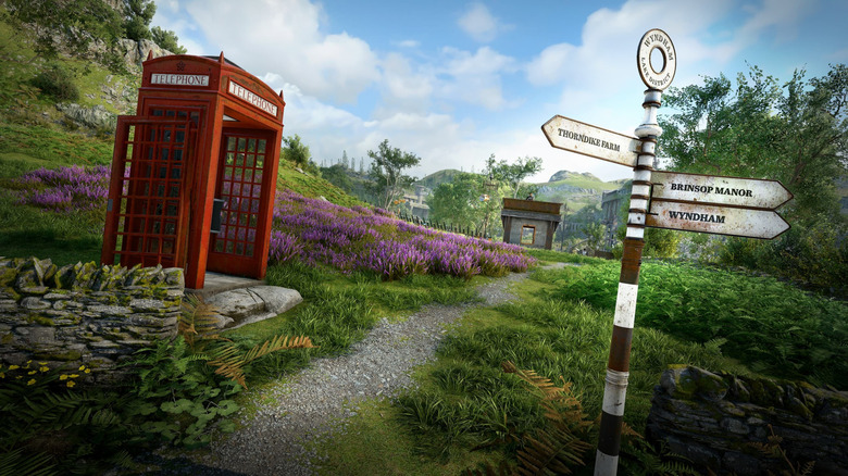 A classic red British telephone box and a signpost are shown on a countryside landscape in Atomfall