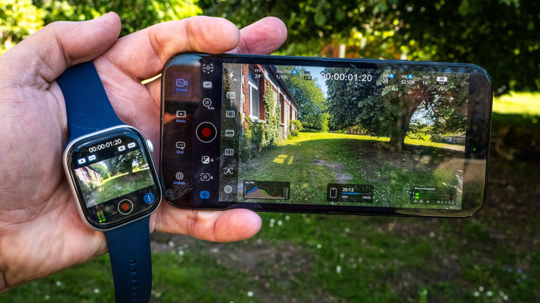 Blackmagic Camera app shown on iPhone with same app running on Apple Watch