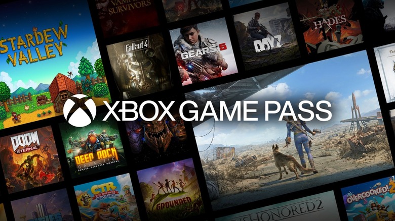 Xbox Game Pass Logo superimposed over tiles representing various games available on the service