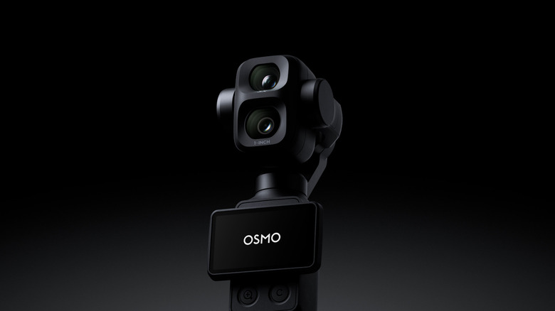 A rendered image showing DJI's Pocket 4P camera gimbal with dual cameras