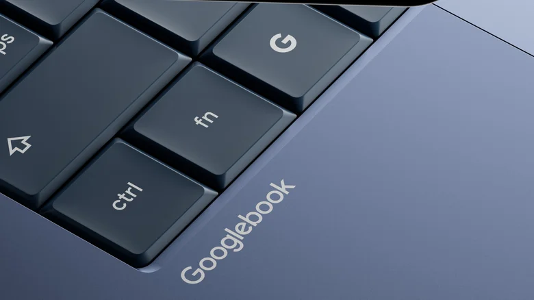 A Googlebook logo and Control, Shift, Function and Google keys on the keyboard