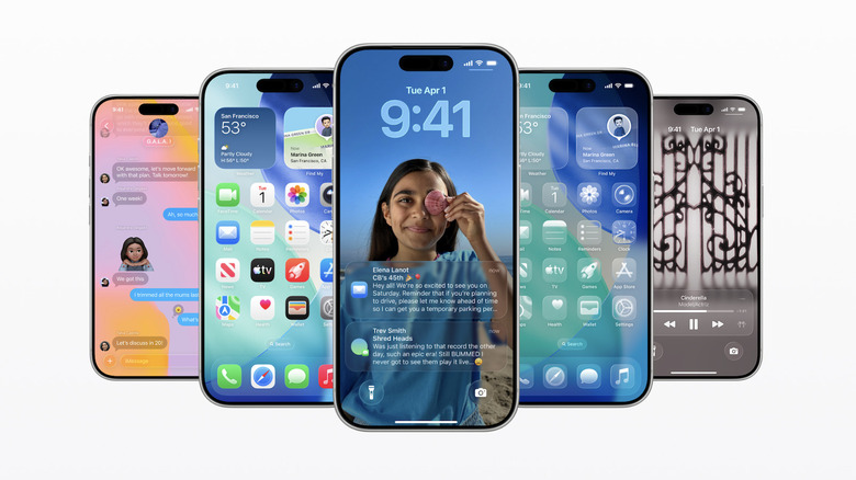 A series of five iPhones running iOS 26.