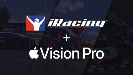 Logos for iRacing and Apple Vision Pro on a dimmed triptych of racing vehicles from the motorsport game