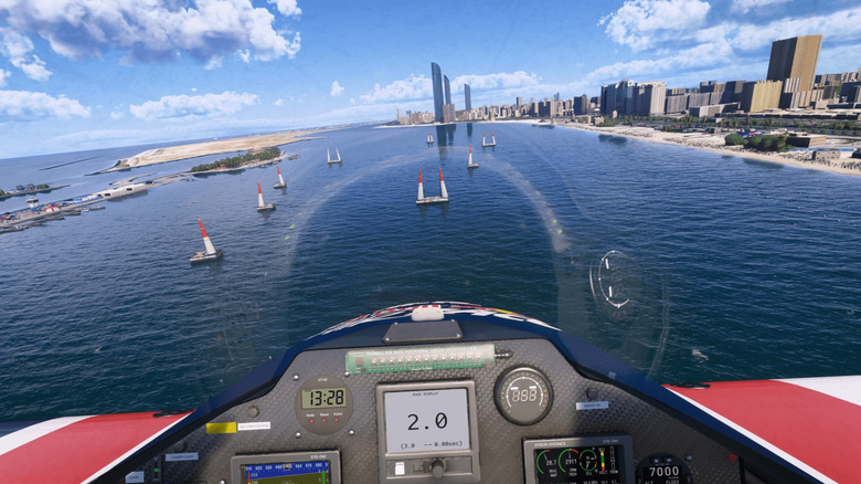 A first-person view of a pilot in a plane over a harbor in Microsoft Flight Simulator 2024