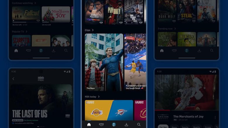 Collage of phone screens, showing the Prime Video app. A vertical short-form 