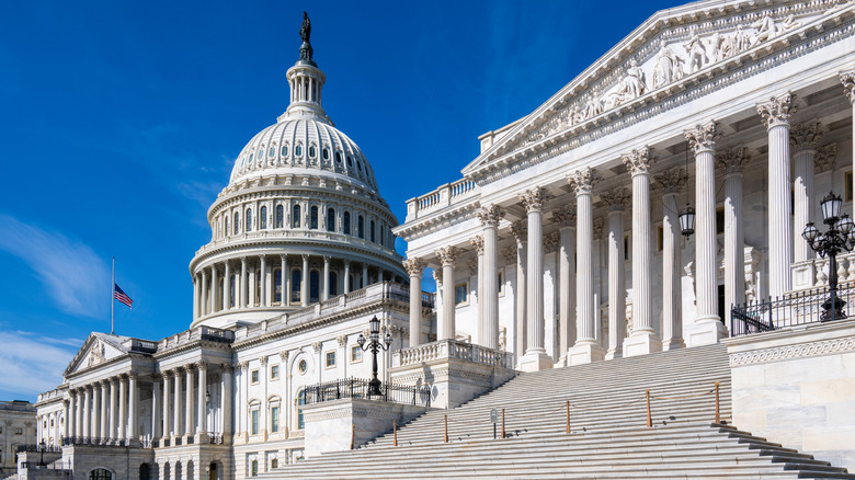 Photo showing the Capitol building at an upward angle and a bright blue sky visible in the background to the upper left.