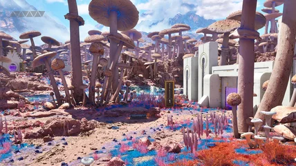 Game still: Stories-tall fungi tower over strange structures